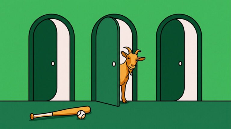 Illustration of three arched doors with a goat peeking out of the middle one, and a baseball bat and ball on the floor.