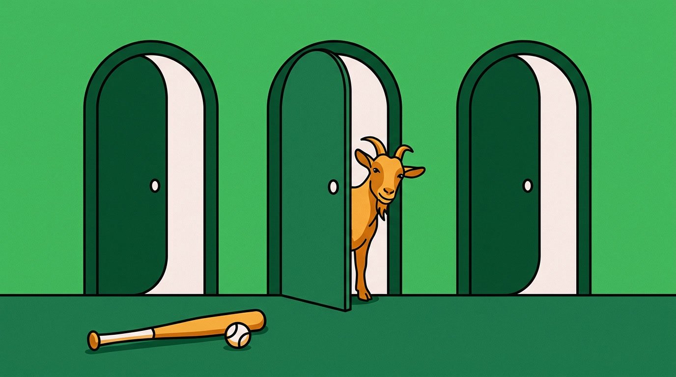 Illustration of three arched doors with a goat peeking out of the middle one, and a baseball bat and ball on the floor.