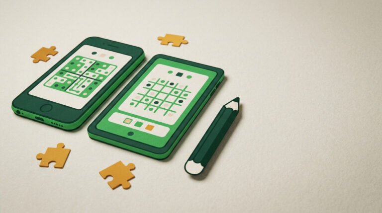 Illustration of a phone and a tablet showing grid puzzles, with a pencil and scattered jigsaw pieces.
