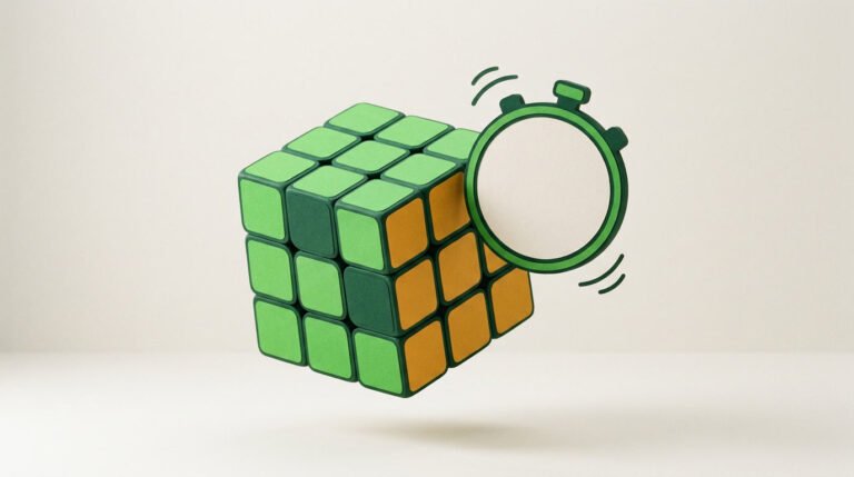 Illustration of a green and amber puzzle cube floating beside a stopwatch.